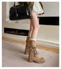 First encounter season retro wasteland wind fringed riding boots thick heel but knee long boots thin pile medium boots women