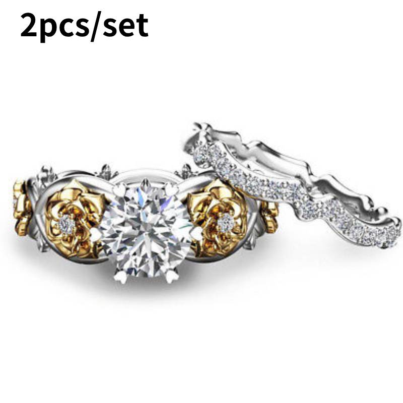 Plated Gold 2pcsset Flower Ring Women Elegant Design Fashionable And Simple