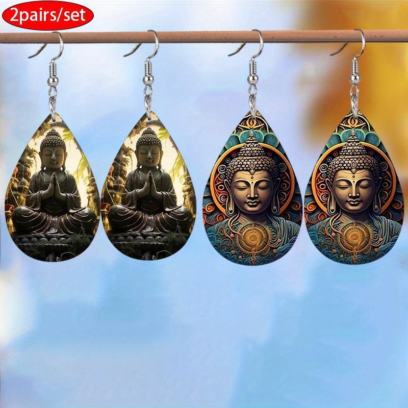 

Ретро Серьги-капли из ПУ кожи со статуей Будды, Двусторонняя печать с узором, Женские винтажные классические серьги, Простые подарки для друзей