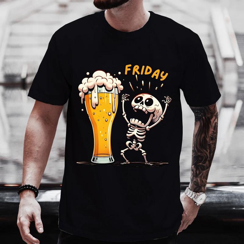 Summer Hot Beer Fun Skull Printed T-Shirt Men's Fashion New Large Size T-Shirt Casual Fashion O Neck Short Sleeve Tops