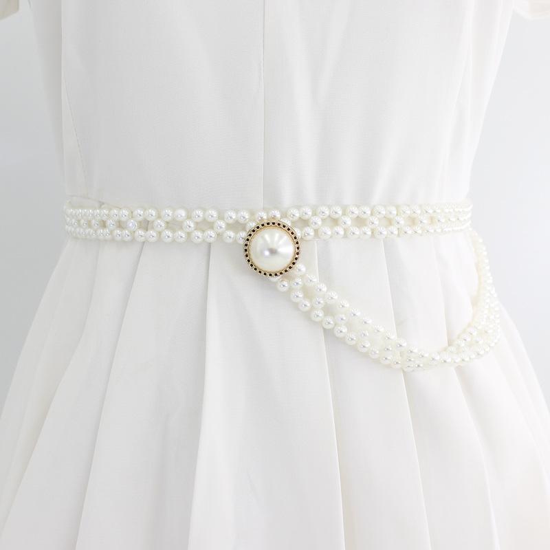Women's Pearl Waist Chain - Decorative Dress Accessory, Fashionable and Versatile with Large Pearl Round Buckle Hook