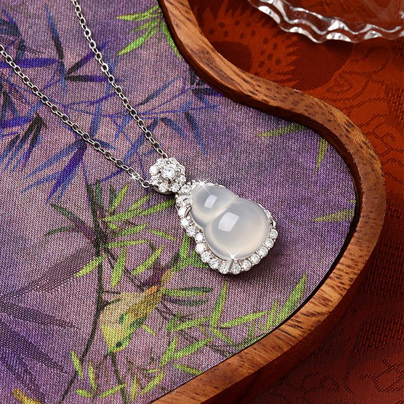 Natural Water Foam Jade Gourd Design Pendant S925 Silver Inlaid Small New Chinese Popular Accessories Women's Necklace Chain