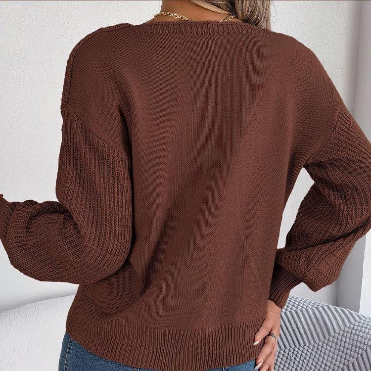 Vintage Løs Langermet Cardigan Genser Ensfarget Strikk O-hals Topp Høst Vinter