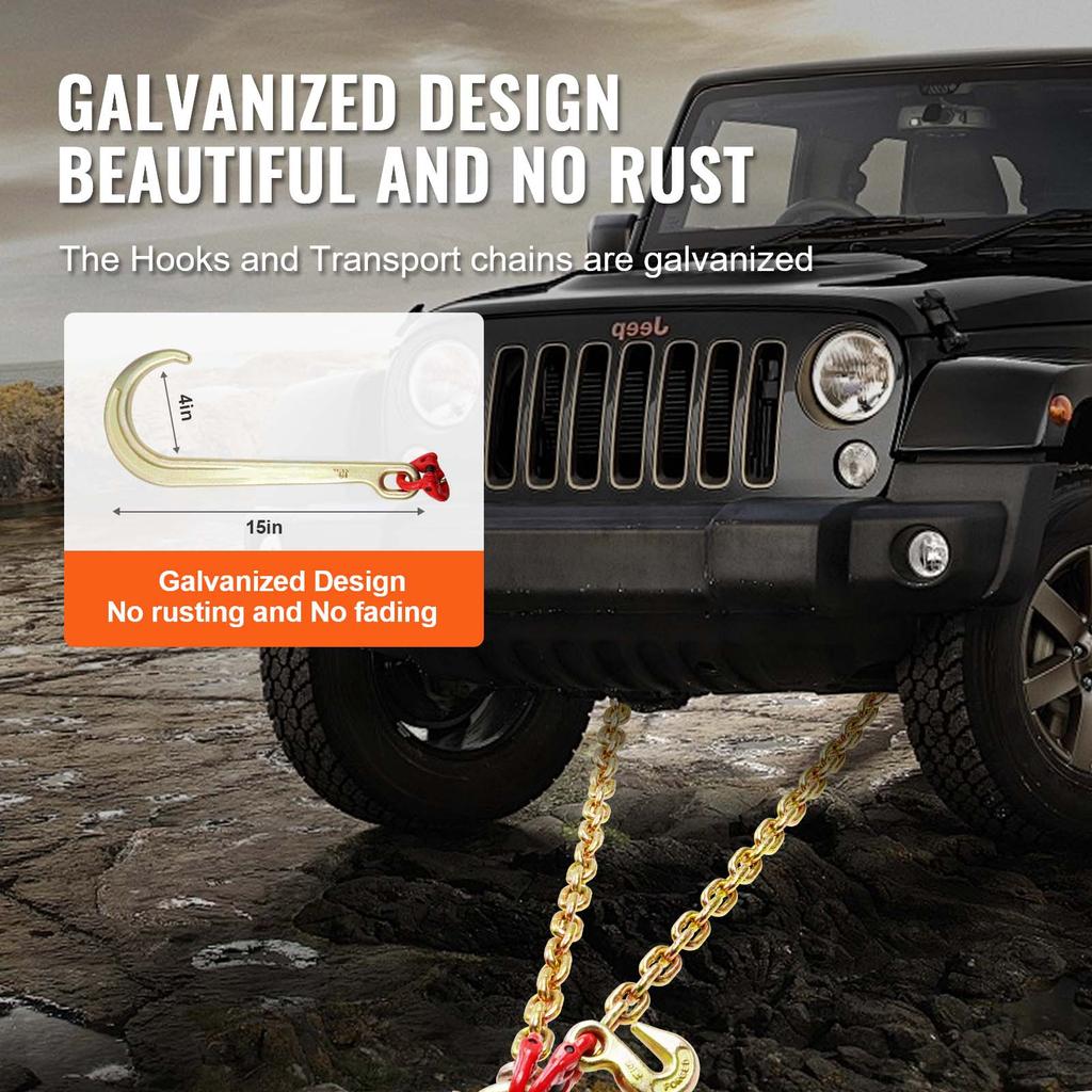 SucceBuy G80 V Abschleppkette Abschleppen mit 15" J- & Lasthaken Transport Abschleppkettengehänge für Pritschenwagen Abschleppwagen Bergung