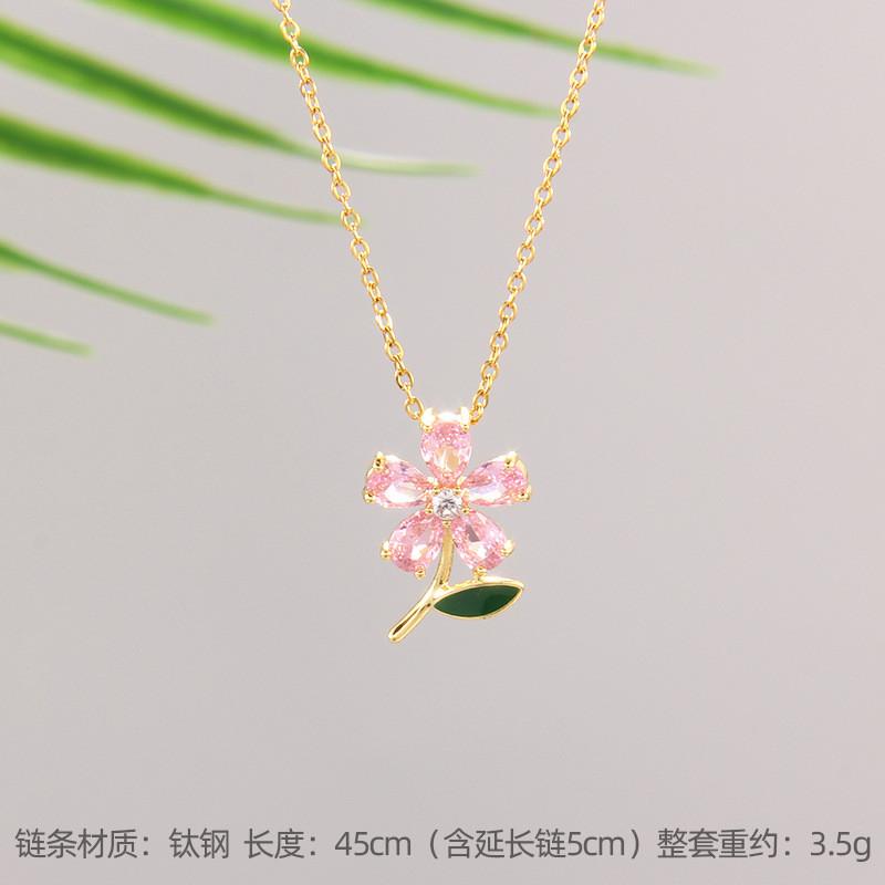 High Grade Zircon Leaf Flower Pendant Necklace Stainless Steel Plant Charms Choker Jewelry Party Gifts For Women Girls