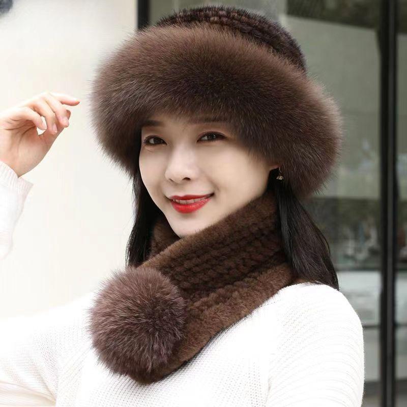 Women's Hat Faux Fox Fur Hat Winter Extra Thick Ladieswear Style Mongolian Beret Scarf and Baotou Basin Hat Wind and Snow Hat