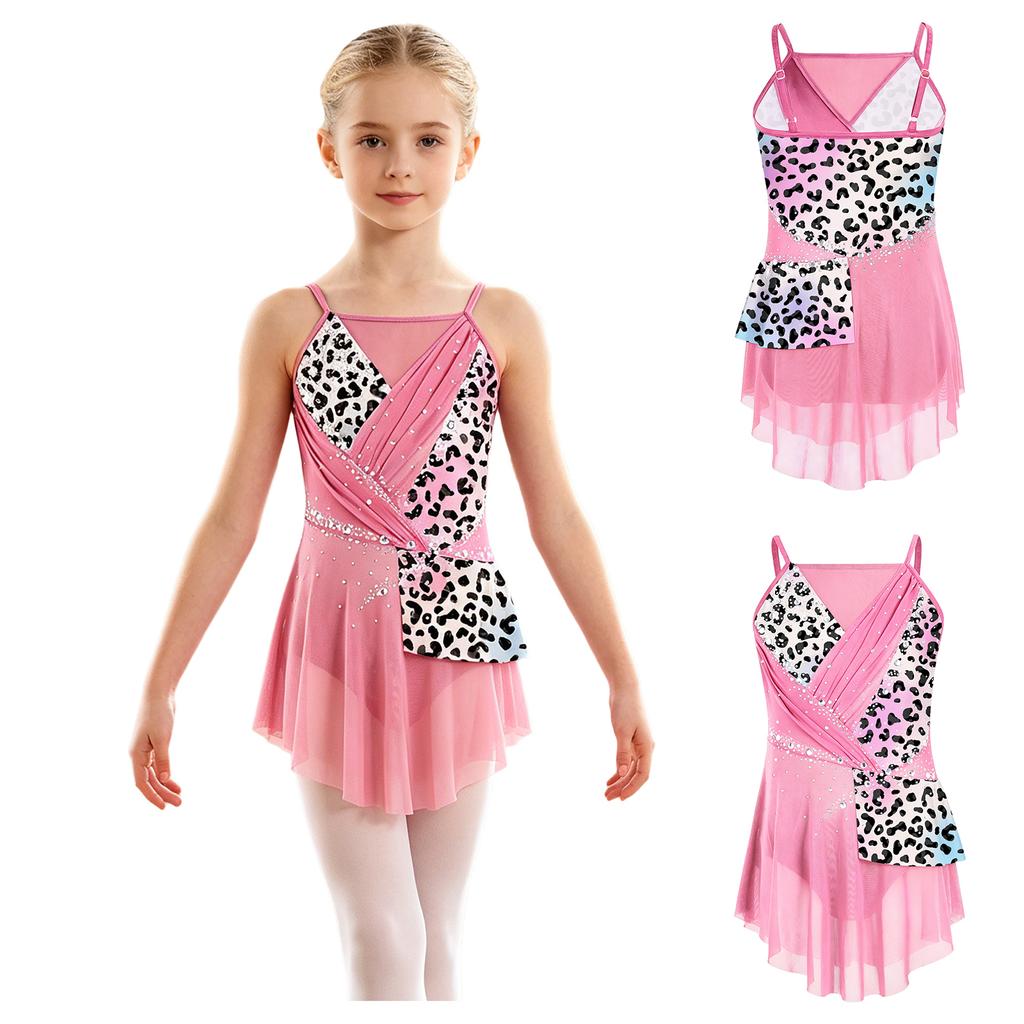 Kinder Mädchen Wettkampf-Body Ärmellos Verstellbare Träger Strass-Verzierung Patchwork Jumpsuit Eingearbeiteter Slip für Gymnastik Bühne