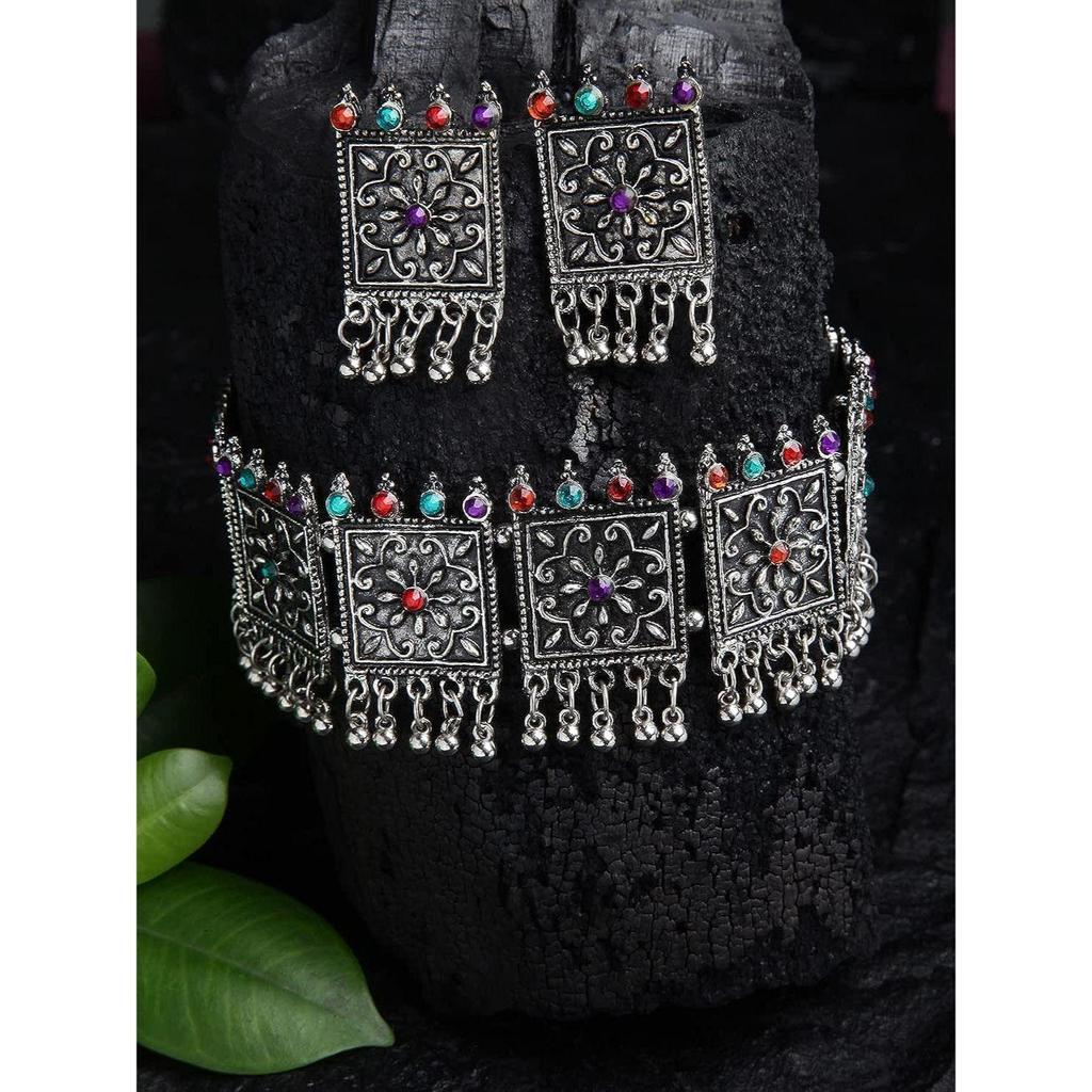 Shining Diva Fashion Latest Stylish Fancy Oxidised Silver Tribal Choker Necklace Jewellery Set for Women , Multicolour