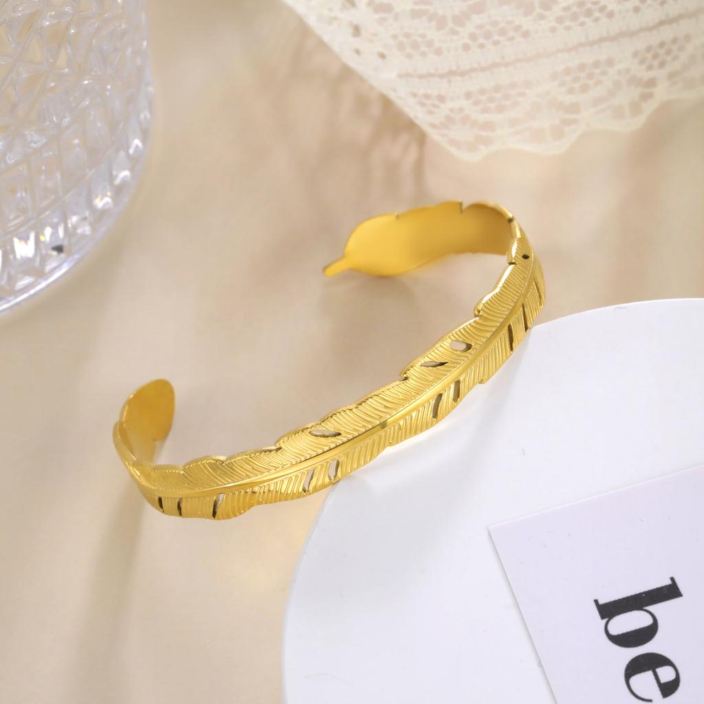 Stainless Steel Cuff Bracelet On Hand Women Geometric Flower Leaves Eye Adjustable Open Gold Bangle Jewelry