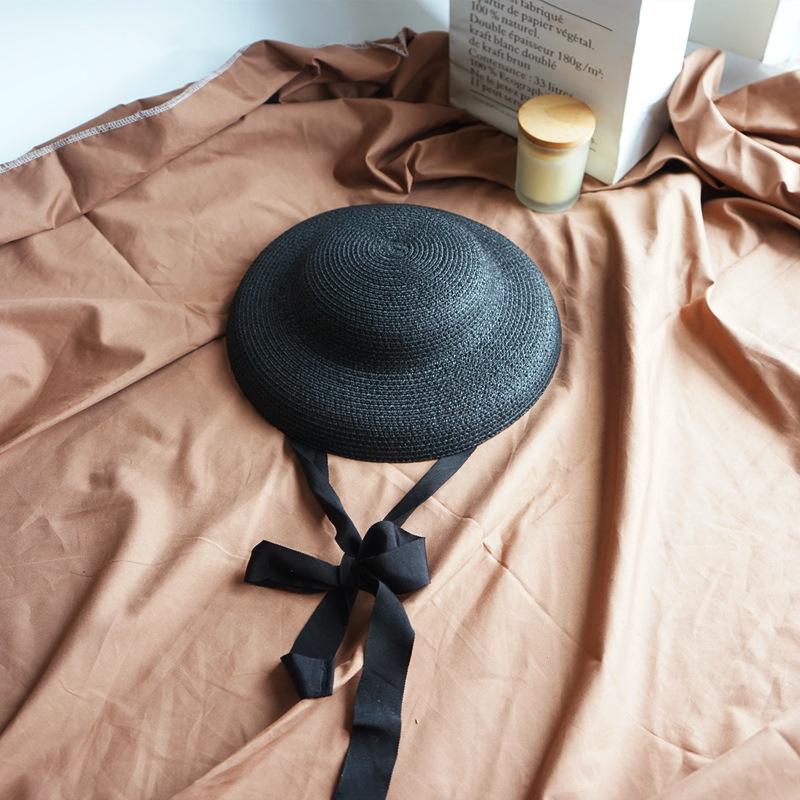 

Women Black Straw Small Hat Chin Strap Long Ribbon Summer Sun Hat Fascinator Headwear Short Height Wedding Church Tea Party Hat