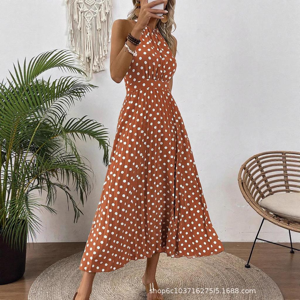 European and American Women's Clothing Spring and Summer Fashion Printing Polka Dot Round Neck Long Dress Women's Dress