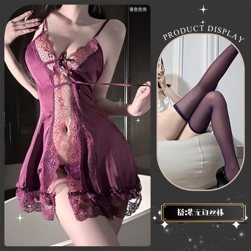 Sexy Lingerie Sexy Front Open Placket Deep Seduction Pajamas Women Hollow Lace-up Free Uniform Seduction Pajamas 6