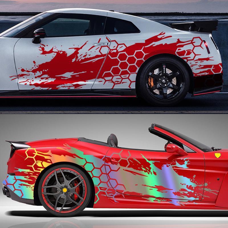 2PCS Car Door Side Stickers Car Livery Honeycomb Stripes Graphics Styling Vinyl Full Body Decor Decals Auto Tuning Accessories