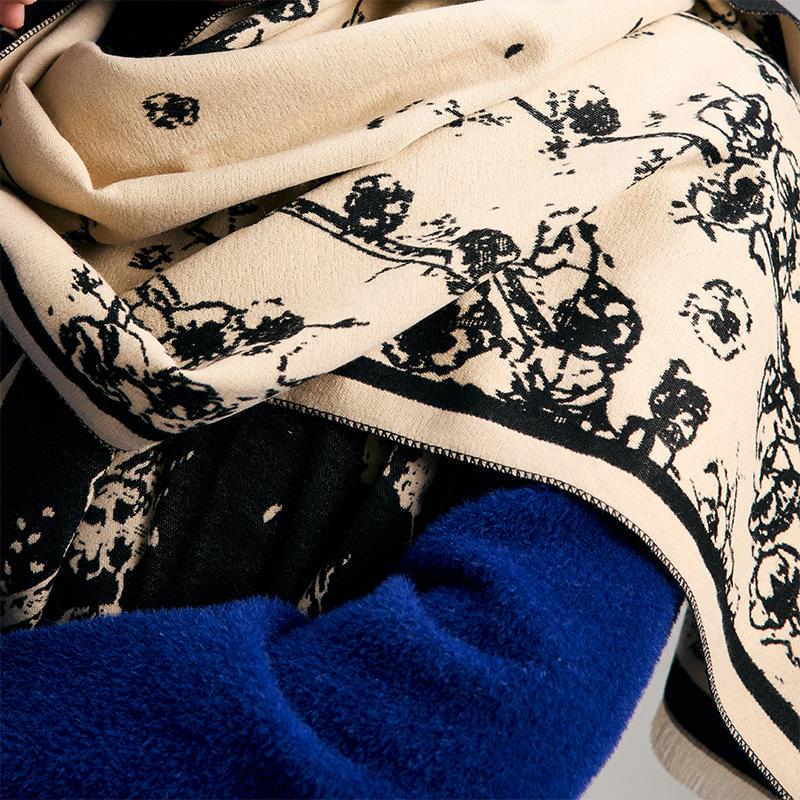 Korean Version Plant Literature Rose Print High Sense Women's Imitation Cashmere Warm Scarf Shawl Scarf