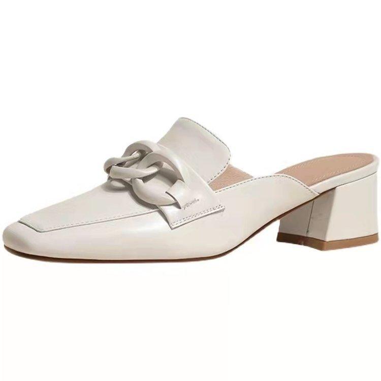 Square Head New Summer Bag Head Half Slippers Cool Slippers Fashion Casual Temperament Medium Heel White Muller Thick Heel