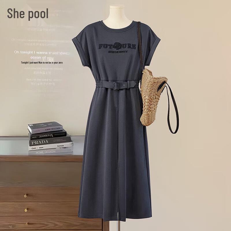 Women s 2025 Summer Round Neck Waist-Cinching Midi Dress S