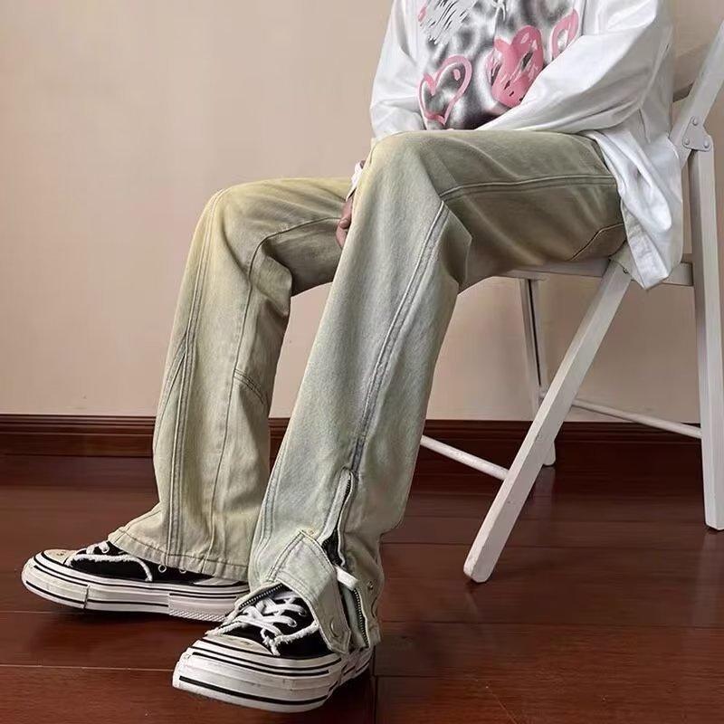 Джинсы мужские JYL Стиль Пустоши Стирка Вытертые Модные Плиссированные Свободные Широкие Штанины Деним XL