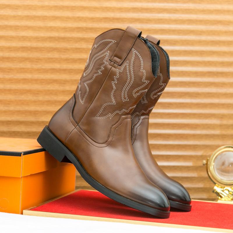

European and American Western Cowboy Boots Trendy Men s Shoes Tooling Fashion Retro Zipper Martin Boots High Top Boots 46 коричневый