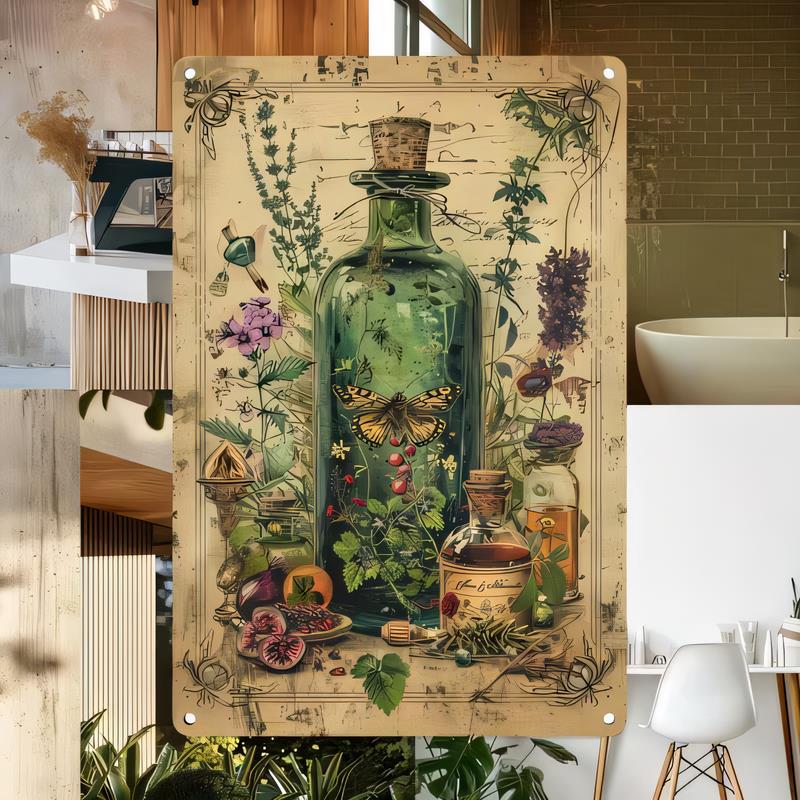Tin Sign Vintage Botanical Glass Bottle Herb Garden Metal Wall Art Plaque Retro Garden Decor for Home Bar Cafe Office Rustic