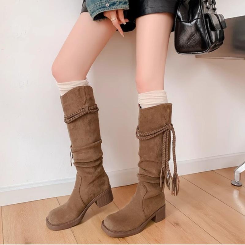2025 Frühling und Herbst Retro Ödland Wind Fransen Ritterstiefel Dicker Absatz Aber Kniehohe Stiefel Schaftstiefel für Damen