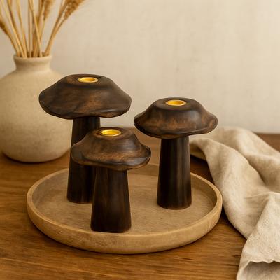 Wooden Mushroom Candle Holders 3-Piece Brass Inserts