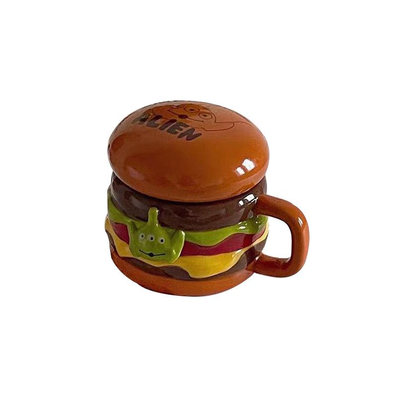 Cartoon Water Cup Cute Three-eyed Burger Mug Funny Underglaze Creative Ceramic Cup with Lid