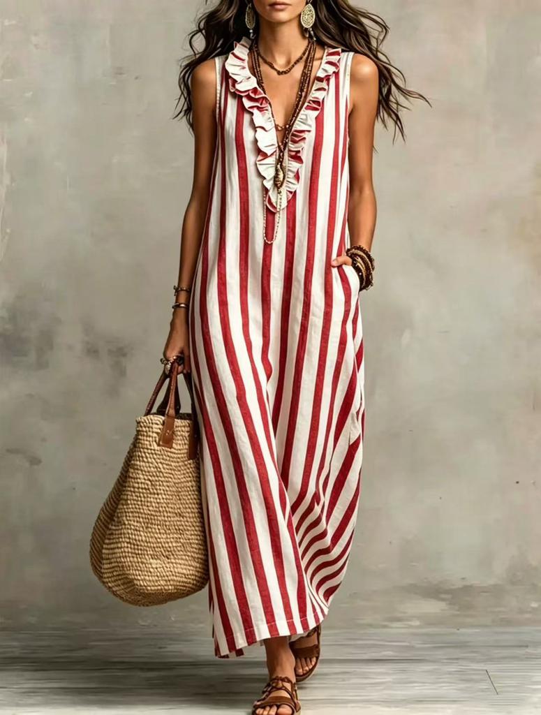 European and American cross-border women's clothing Amazon 2026 new bohemian temperament vertical striped V-neck pocket sleeveless long dress