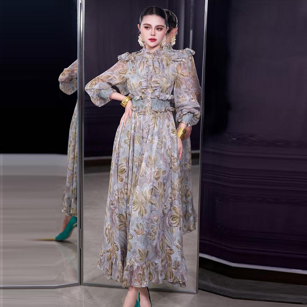 Stand Collar Long Sleeve Ruffle Waist Courtly Light Skirt - Spring 2026 Women's Collection
