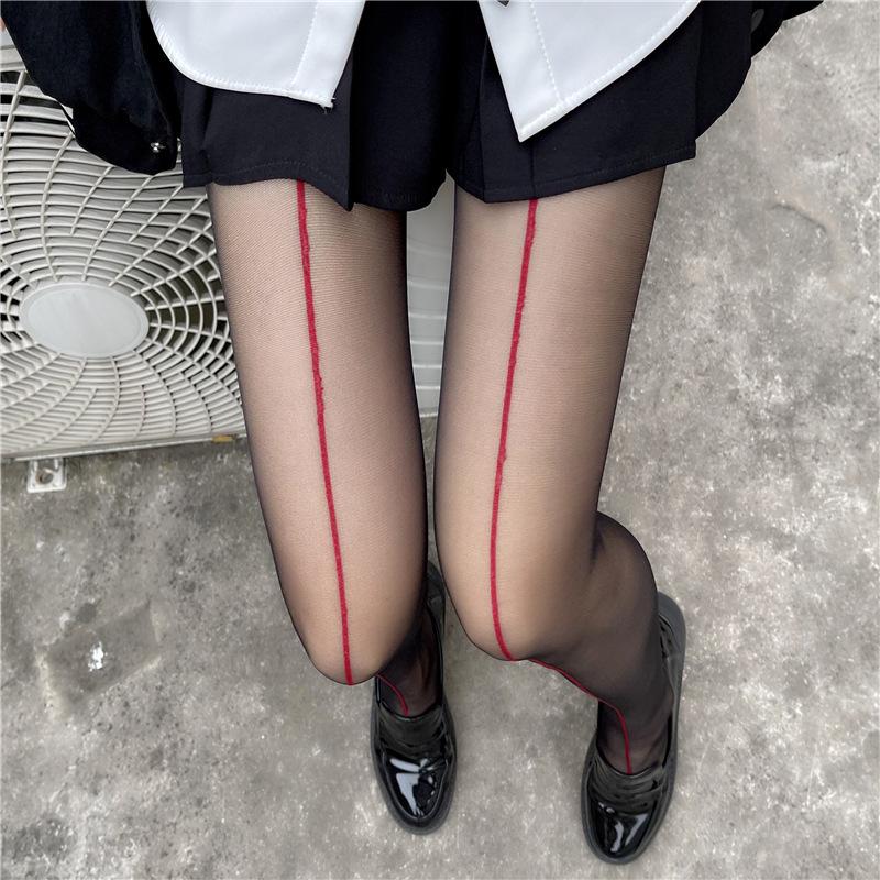 Spicy Girl Sheer Black Silk Stockings with Red Vertical Line - Slimming, High Transparency Pantyhose