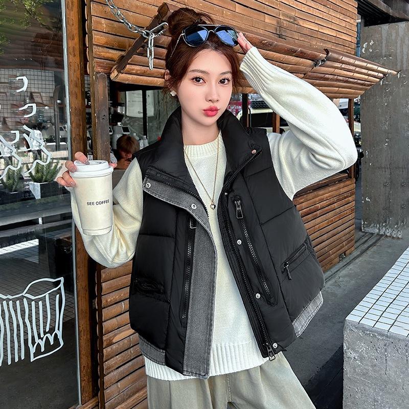 New Korean Version Loose Cotton Vest Denim Splicing Stand Collar Autumn and Winter Cotton Vest Vest Down Cotton Vest Women's Outer Wear