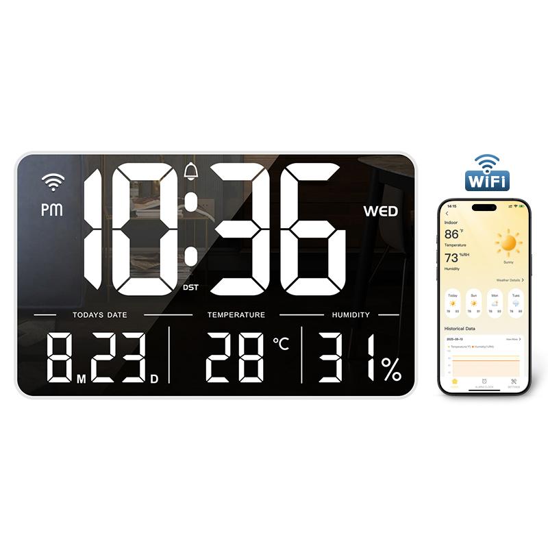 Large LED Wall Clock Mobile APP Operation Electrical Calendar Day Humidity Temperature Display 170° Full Viewing Alarm Clock