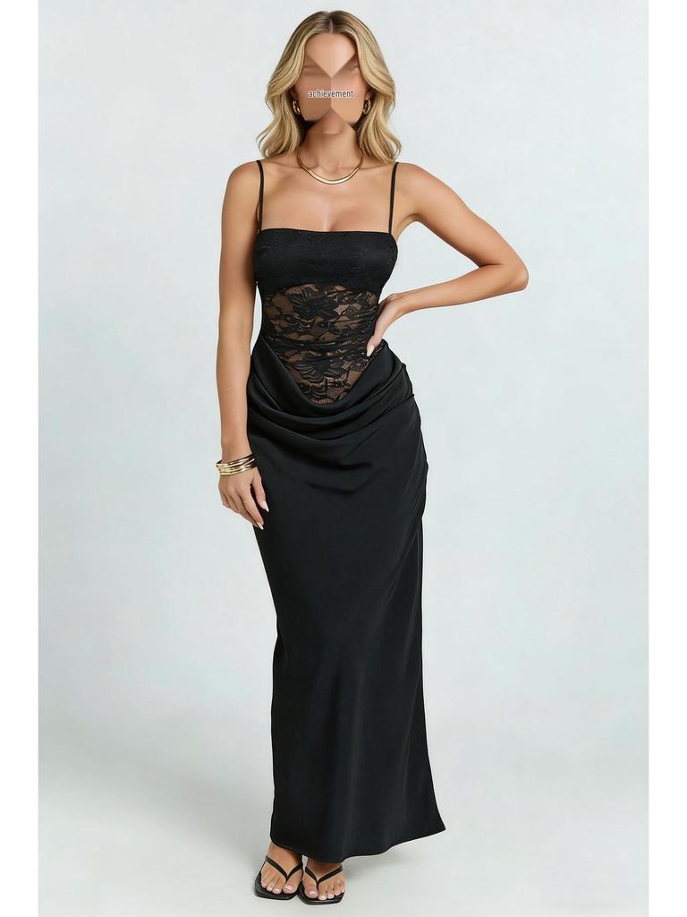 Elegante Abito Canotta con Patchwork di Pizzo Stile Europeo e Americano per Donna - Abbigliamento da Banchetto Sexy e Modellante