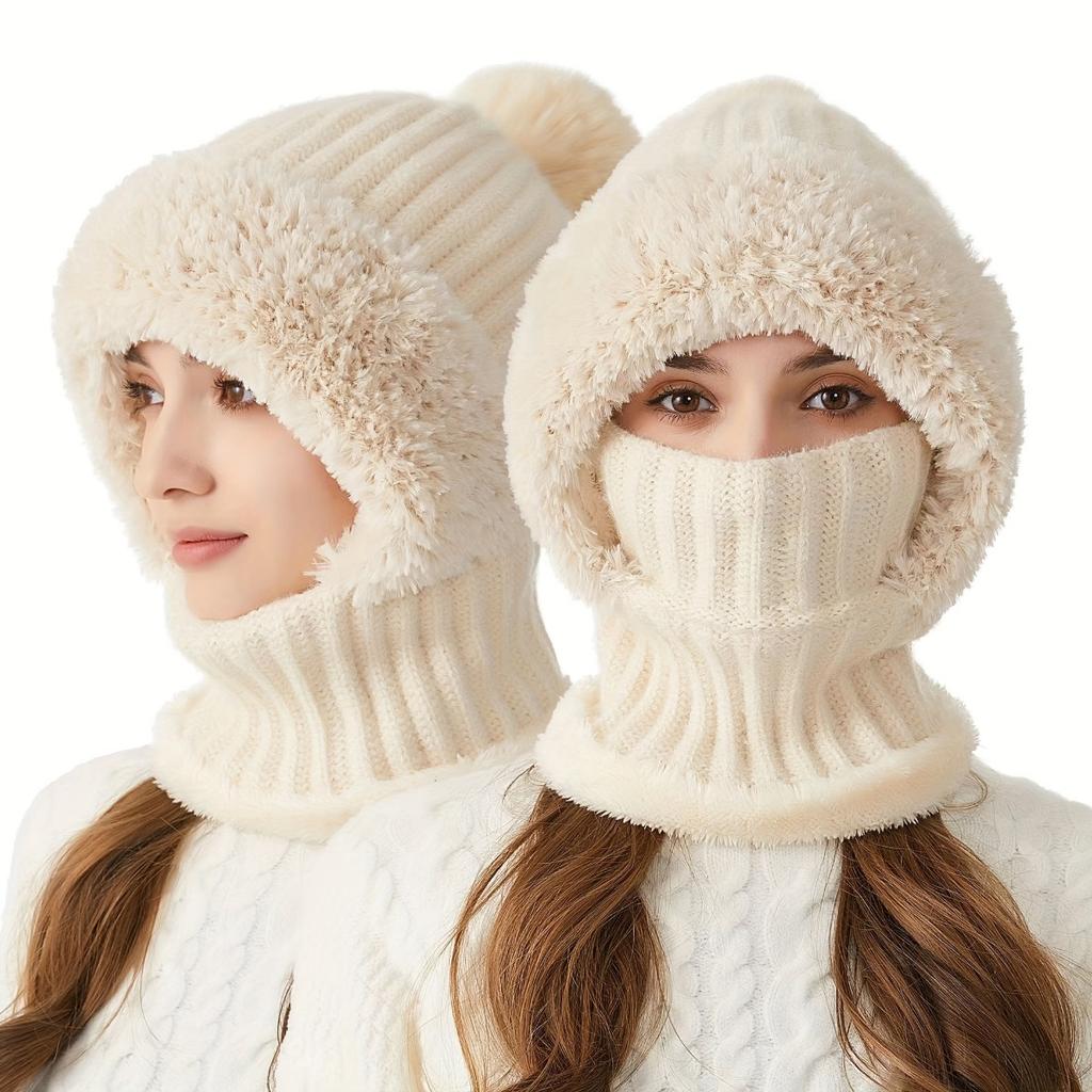 Women's Winter Hat Face Mask and Plush Earrings - Soft and Warm Full Face and Head Cover- Soft Fleece Lining Women's Winter Hat