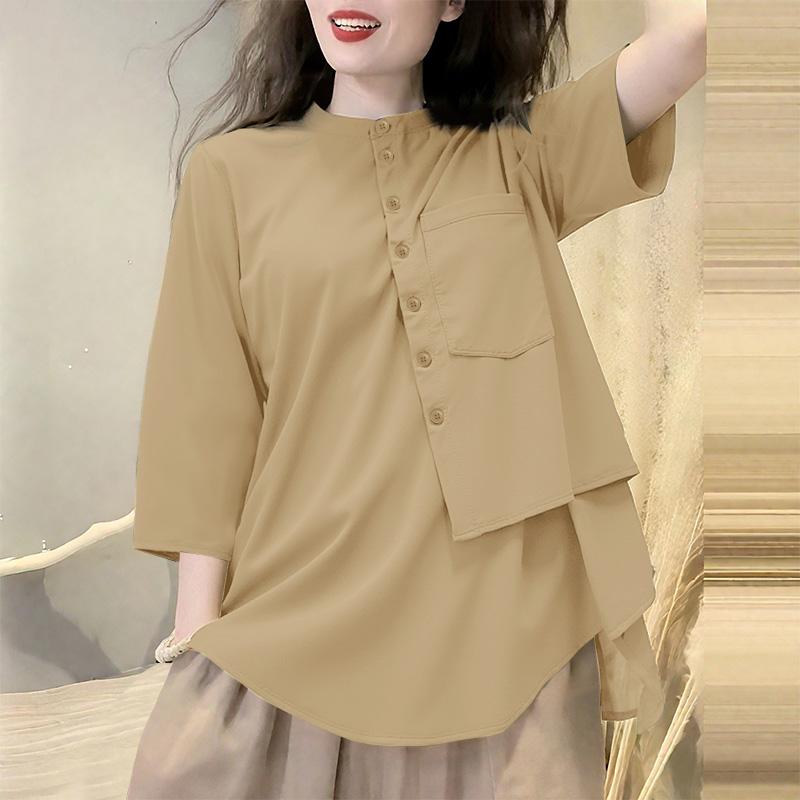 

ZANZEA Женская повседневная блузка с круглым вырезом, рукавом до локтя, свободного кроя, в стиле ретро S абрикосовый