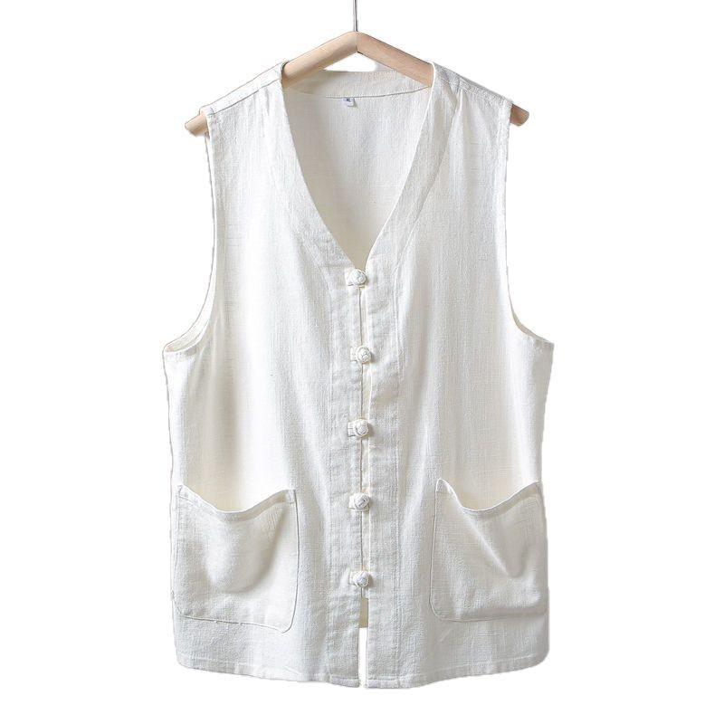 Vintage Chinese Tang Suit Vest for Men Breathable Linen Summer Waistcoat with Frog Buttons Loose-Fit Casual Outerwear