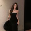 One-word Shoulder Unique Temperament Tube Top Skirt Spring and Autumn New Dress Black Split Back High-end Long Skirt Summer