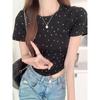 Tricou alb retro american cu gât rotund și mâneci scurte cu buline pentru femei, casual, versatil, slim, dulce, top scurt pentru vară