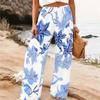 Pantalones de Pierna Ancha de Verano para Mujer Estampado Floral Cintura Alta Elástica Corte Holgado Casual Vacaciones Pantalones Palazzo