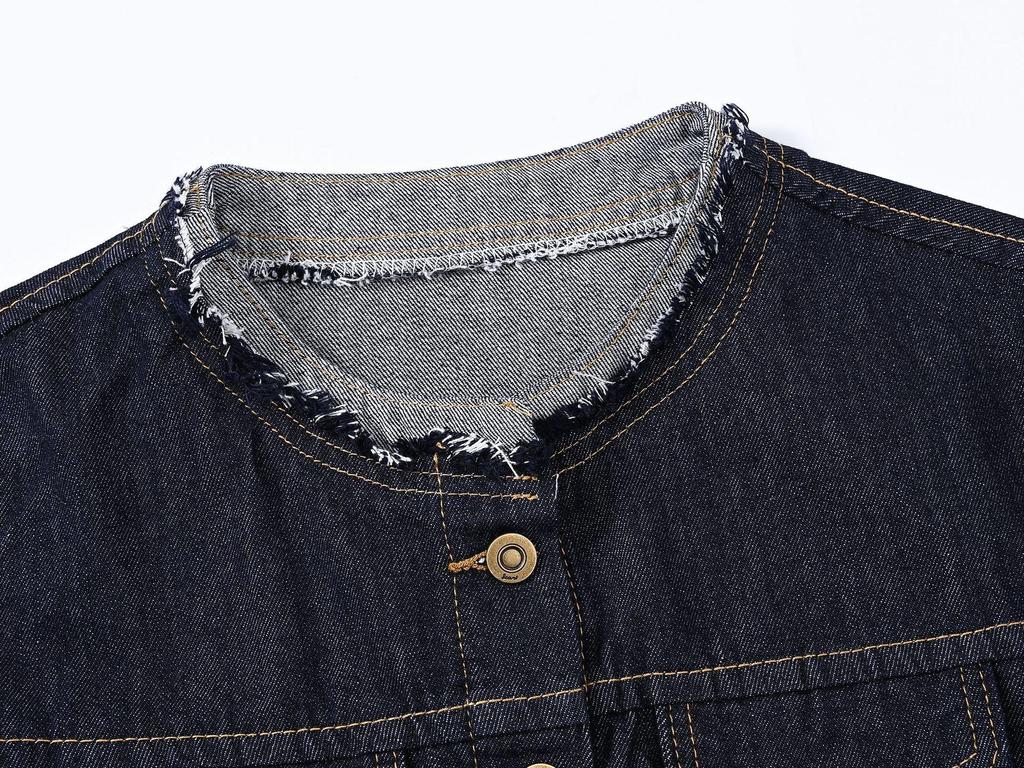 Temu Women's Small Deep Blue Denim Jacket – Fragrance Style, New Spring/Autumn Casual Round Neck Top