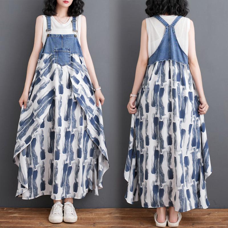 2025 Summer Clothing New Ruffle Edge Loose Printing Denim Design Sense Strap Medium and Long Dress Literary and Fresh