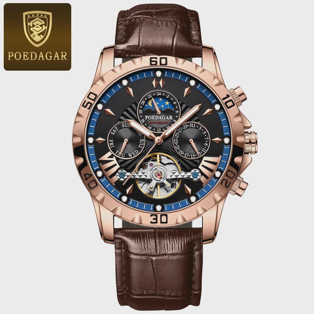 POEDAGAR Tourbillon Automatic Mechanical Wristwatch Waterproof Luminous Date Week Leather Men Watch
