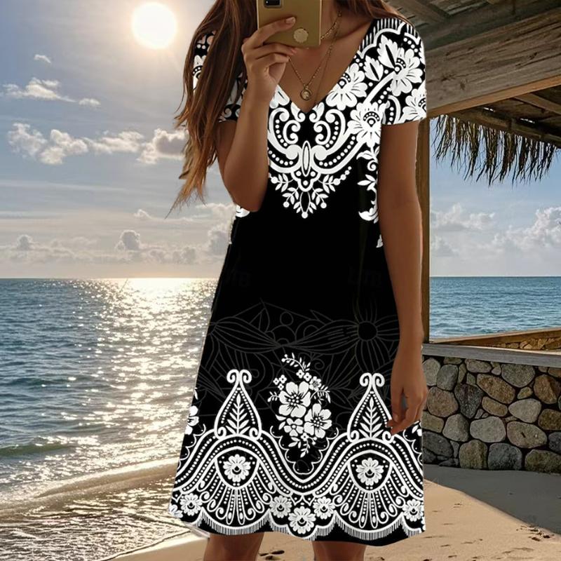 Summer Fashion Women's V Neck Short Sleeve Retro Flower Printed  Dress Sex Short Skirt Dresses