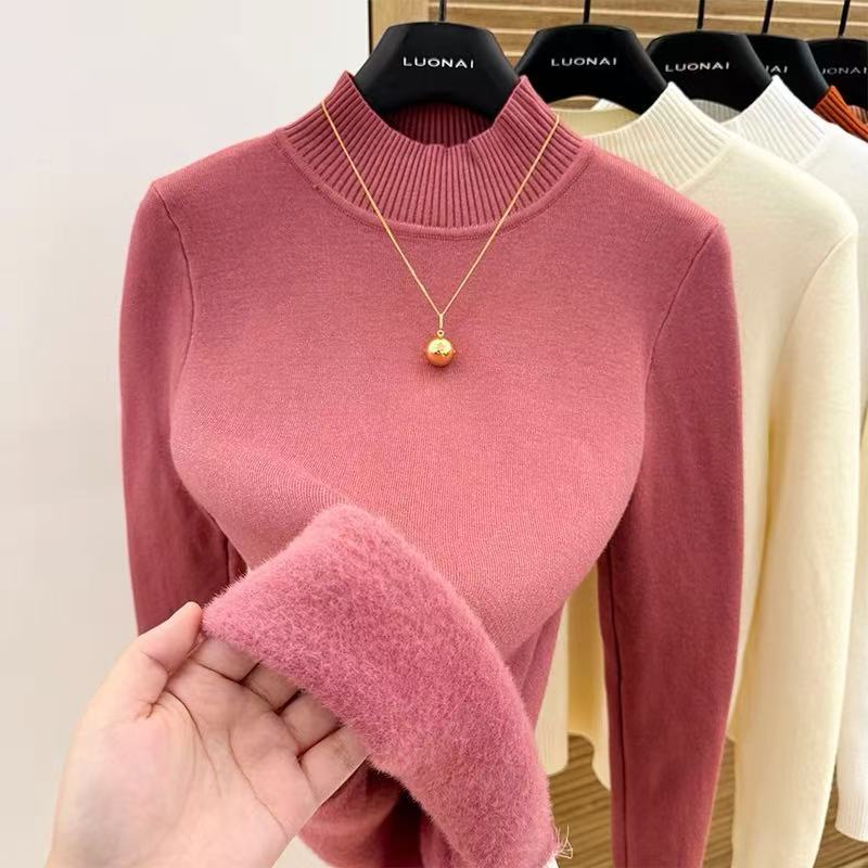 Jednodílný fleecový svetr pro ženy Pulovr s polovyvýstřihem Pletený top pro ženy s přidaným fleecem a zateplením Podzim a zima