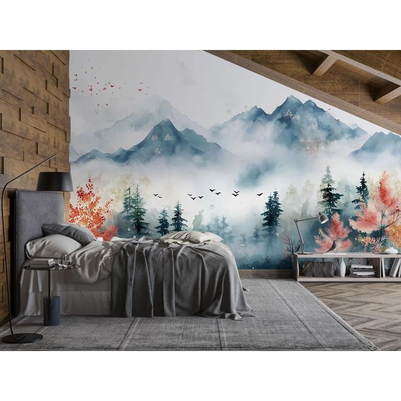 Watercolor Mountain Forest tapestry 75x100 чёрный