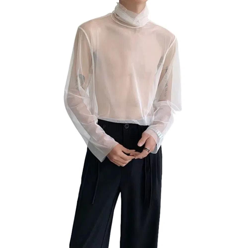 Streetwear Transparent T-shirt See-through Mesh Top Men Creative Long Sleeve T-shirt  Male