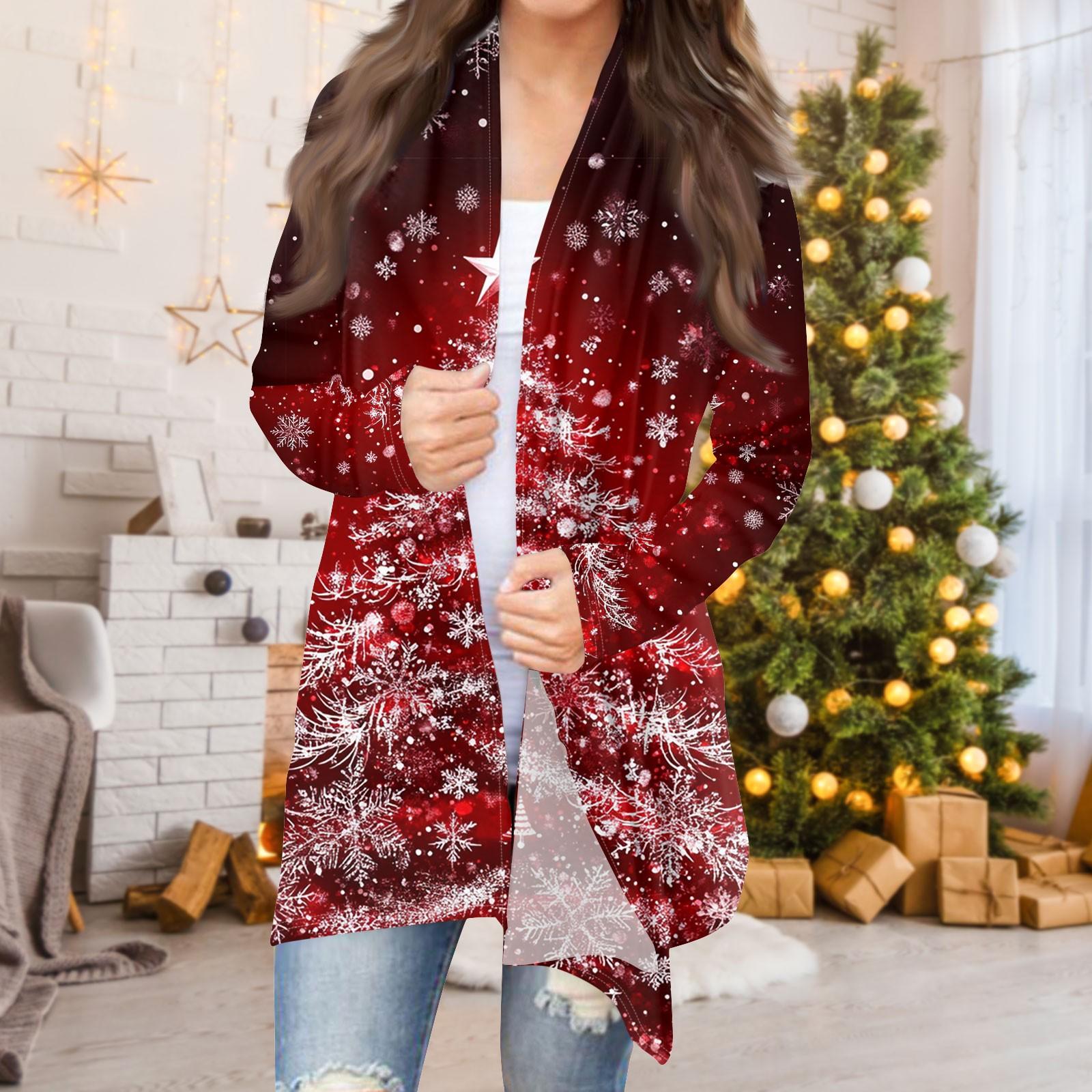 

Женская мода повседневная рождественская печать средней длины кардиган куртка пальто XXXXL винный