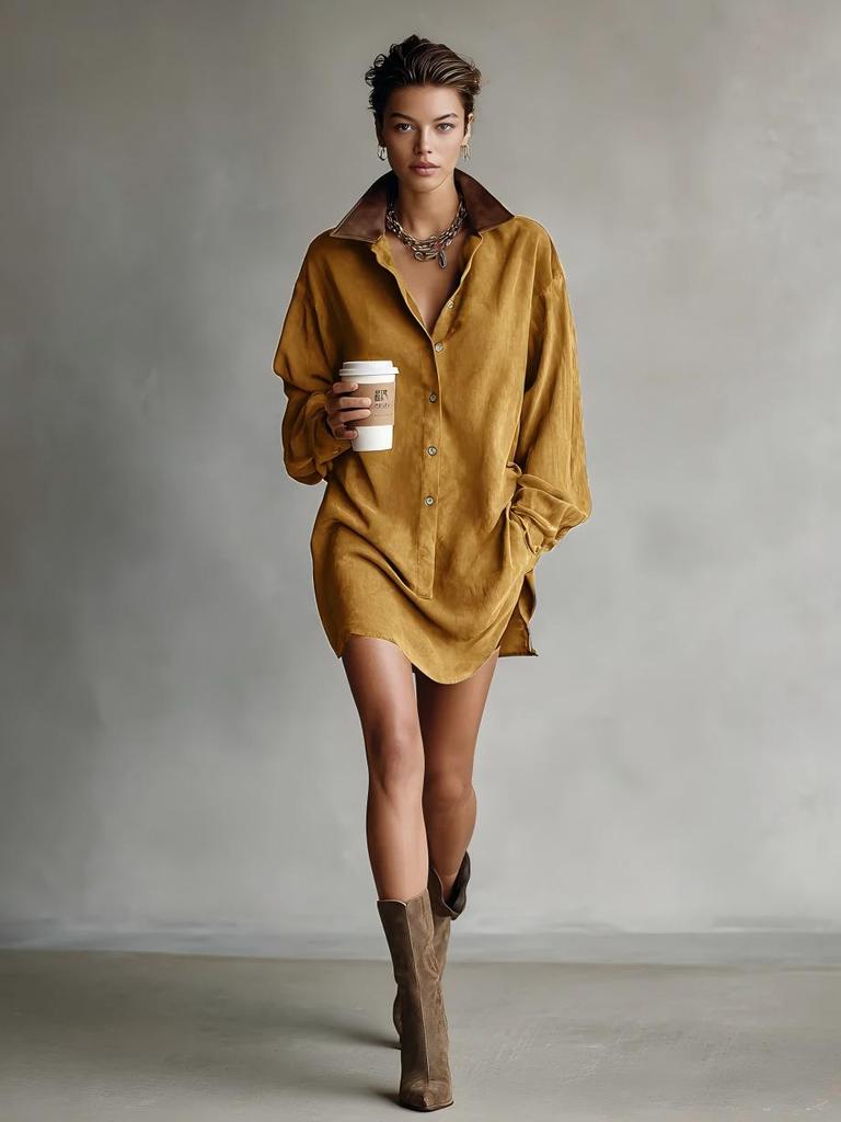 European Style Women's Long Sleeve Retro Shirt Dress for Spring & Autumn 2026
