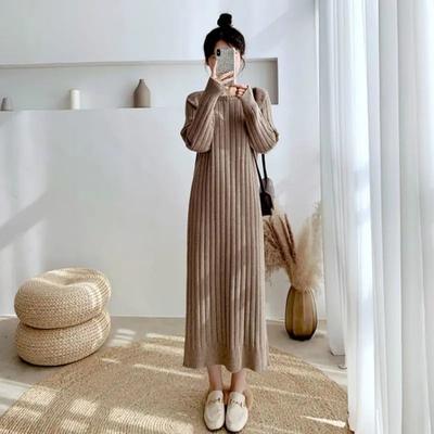Dress Long Woolen Dress Knee Length for Women 2023 Autumn and Winter Loose Bottoming Solid Long Sleeve Knitted Female