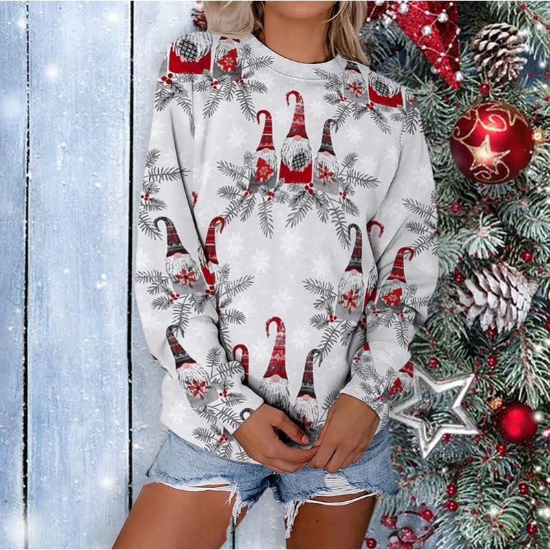 QICED Women's Christmas Snowman Print O-Neck Long Sleeve Autumn Casual Pullover Top