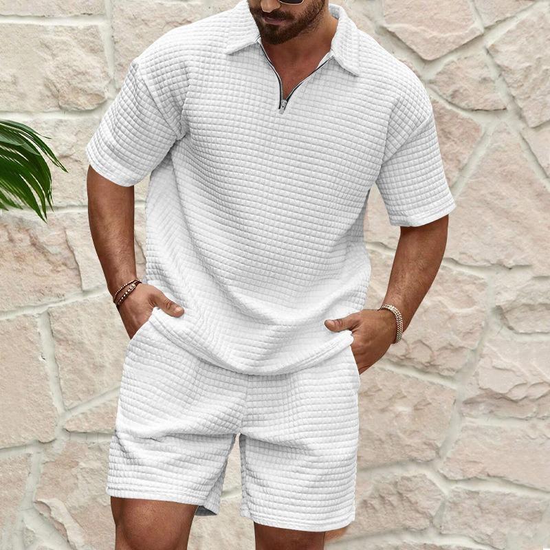 Summer new men's casual trend fashion waffle solid color lapel shirt sports suit